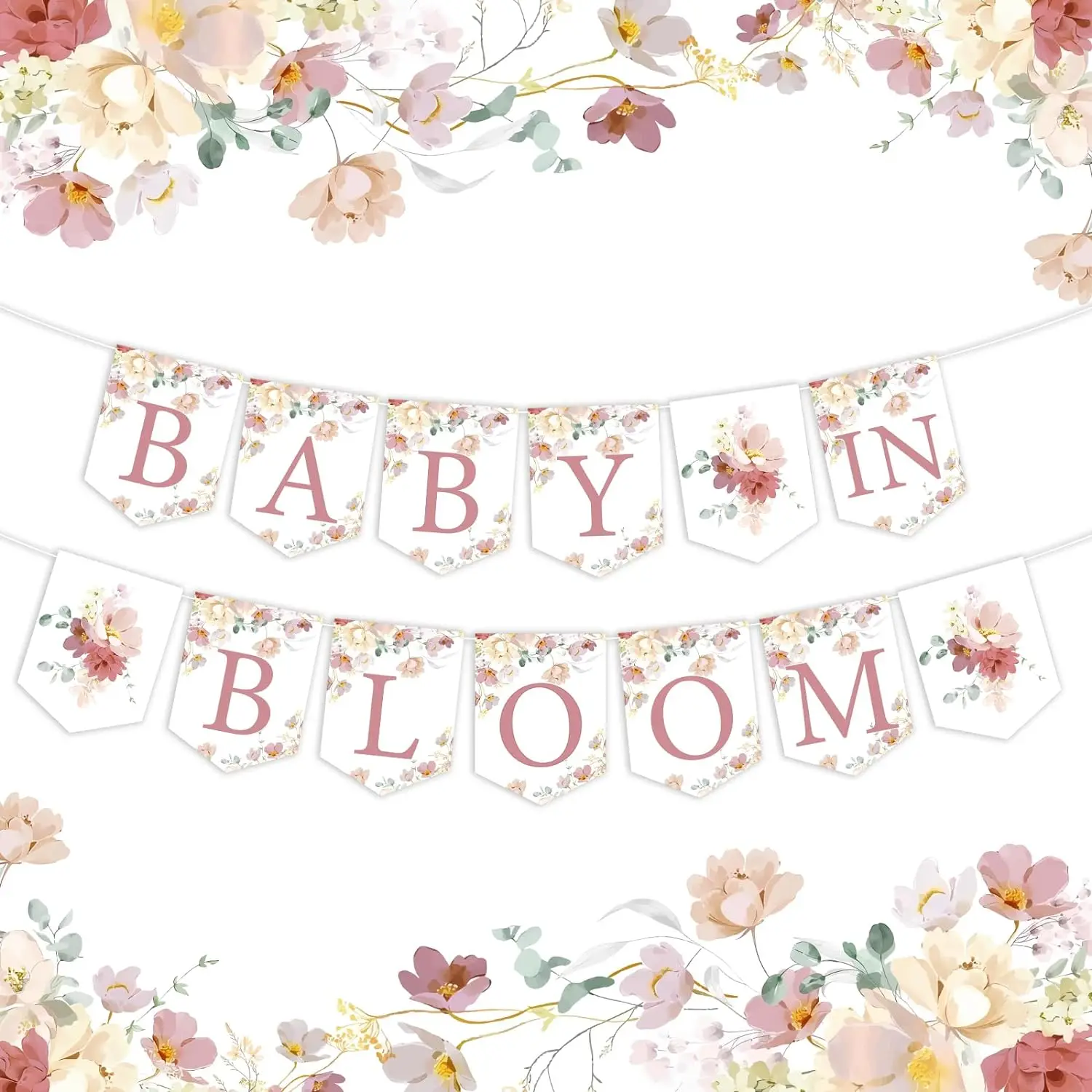 

Floral Baby in Bloom Baby Shower Decor Banner, Pre-Strung Wildflowers Boho Gender Reveal Birthday Party Supplies