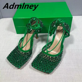 Sexy Crystal High Heel Women Sandals Net Leather Lace Up Party Wedding Shoe Square Toe Rhinestone Desgin Banquet Heels Women 3