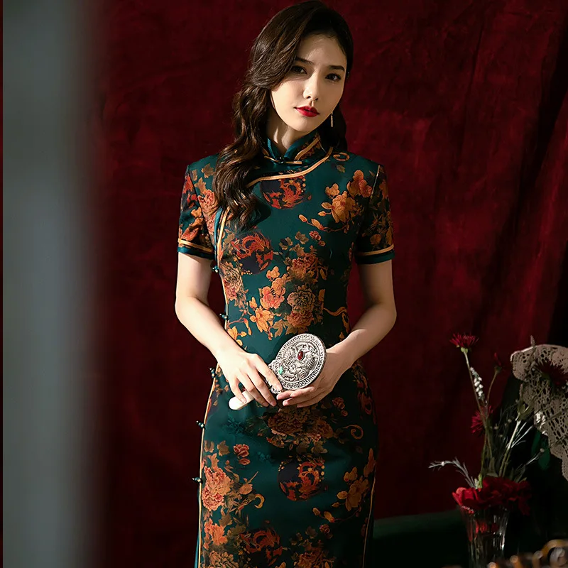 

Yourqipao Summer 2023 Hualuo Improved Cheongsam Elegant Long Catwalk Qipao Chinese Traditional Style Evening Dress for Women