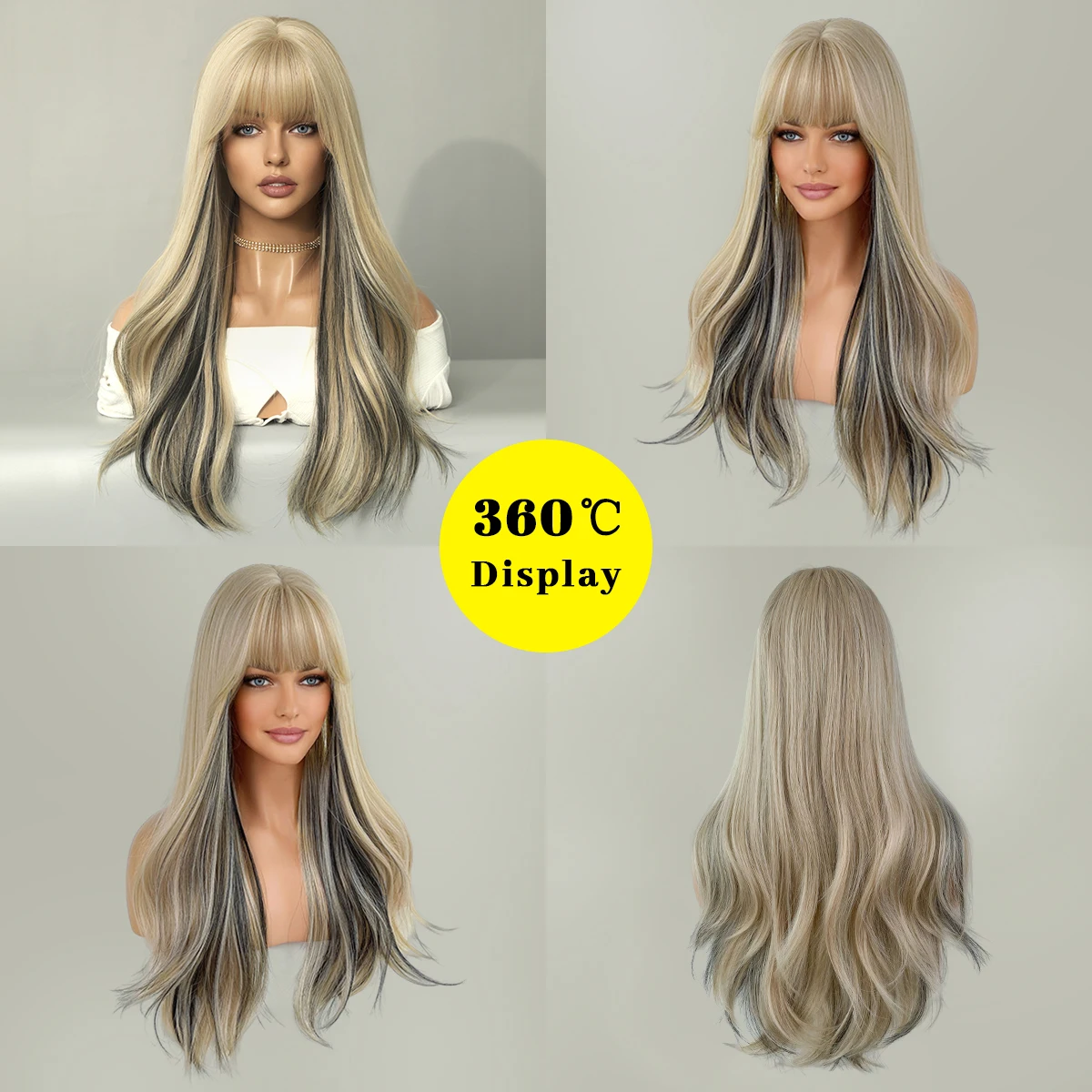 Long Curly Synthetic Wigs Blonde with Black Natural Hair Wigs Middle Part for Women  Use For Cosplay Daily Lolita Heat Resistant