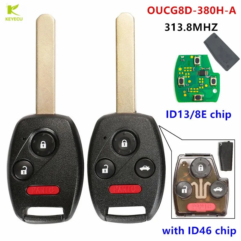Фото Запасной дистанционный ключ KEYECU 313,8 МГц, ID46/ID13/8E, чип для Honda Accord, элемент, флуоресцентная резьба Одиссея №1