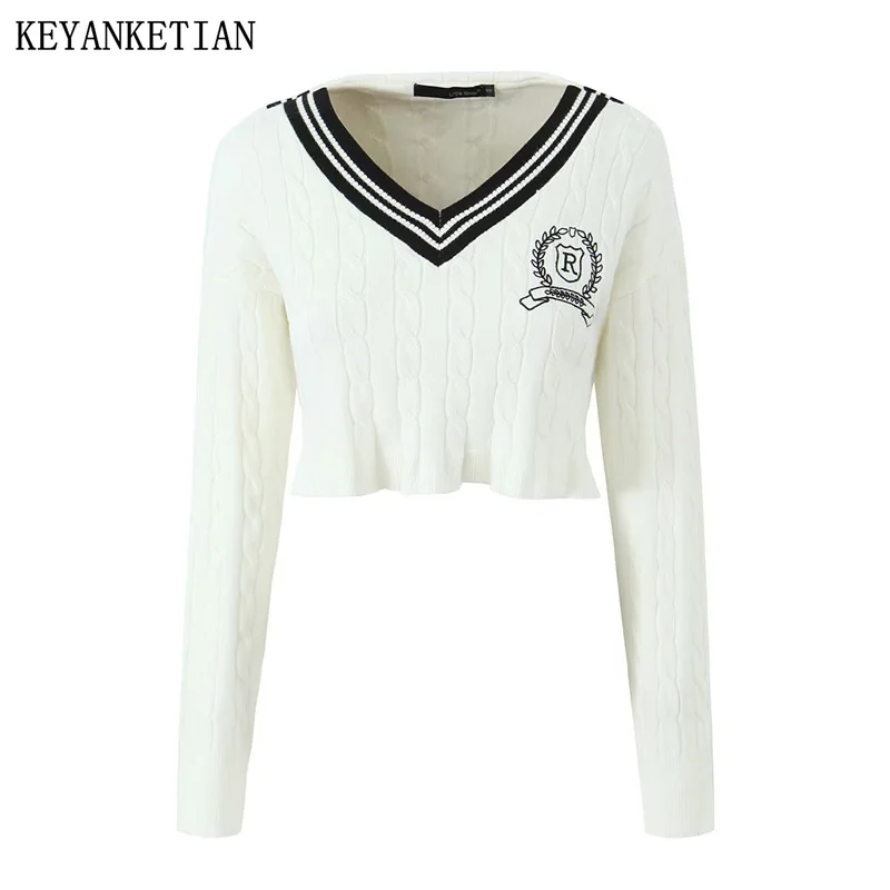 

KEYANKETIAN Autumn/Winter New Women's Preppy cropped sweater Badge Embroidery decoration Vintage Female Pullover Knitwear Top