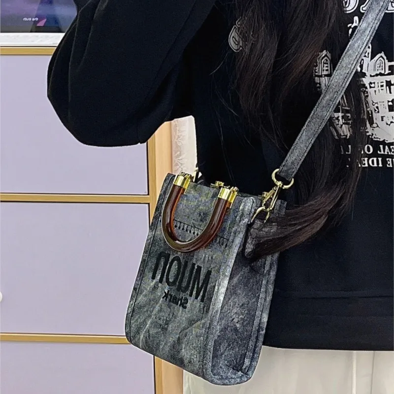 Fashion Embroidered Letter Handbag Women Denim Stitching Large Capacity Shoulder Bag Ladies Trendy Versatile Crossbody Bag 2025