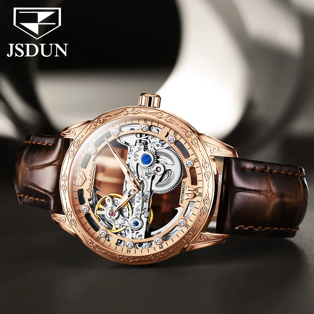 JSDUN 8917 Man Automatic Watch Hollow Skeleton 50M Waterproof Classic Wristwatch Original Luminous Mechanical Watch For Men