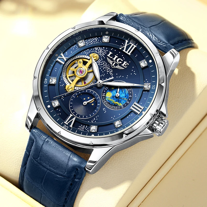 LIGE New Luxury Men's Mechanical Wristwatches Fashion Waterproof Luminous Watch Men Casual Blue Leather Automatic Watch For Men