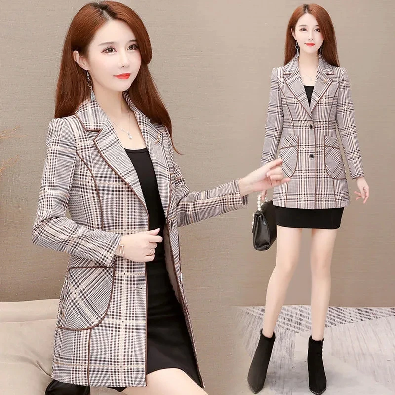 New Suit Ladies Plaid Long Coat In The Spring Of 2023 New Temperament Moms Fashion Slim Loose And Explosive Suit Pocket CoatTide