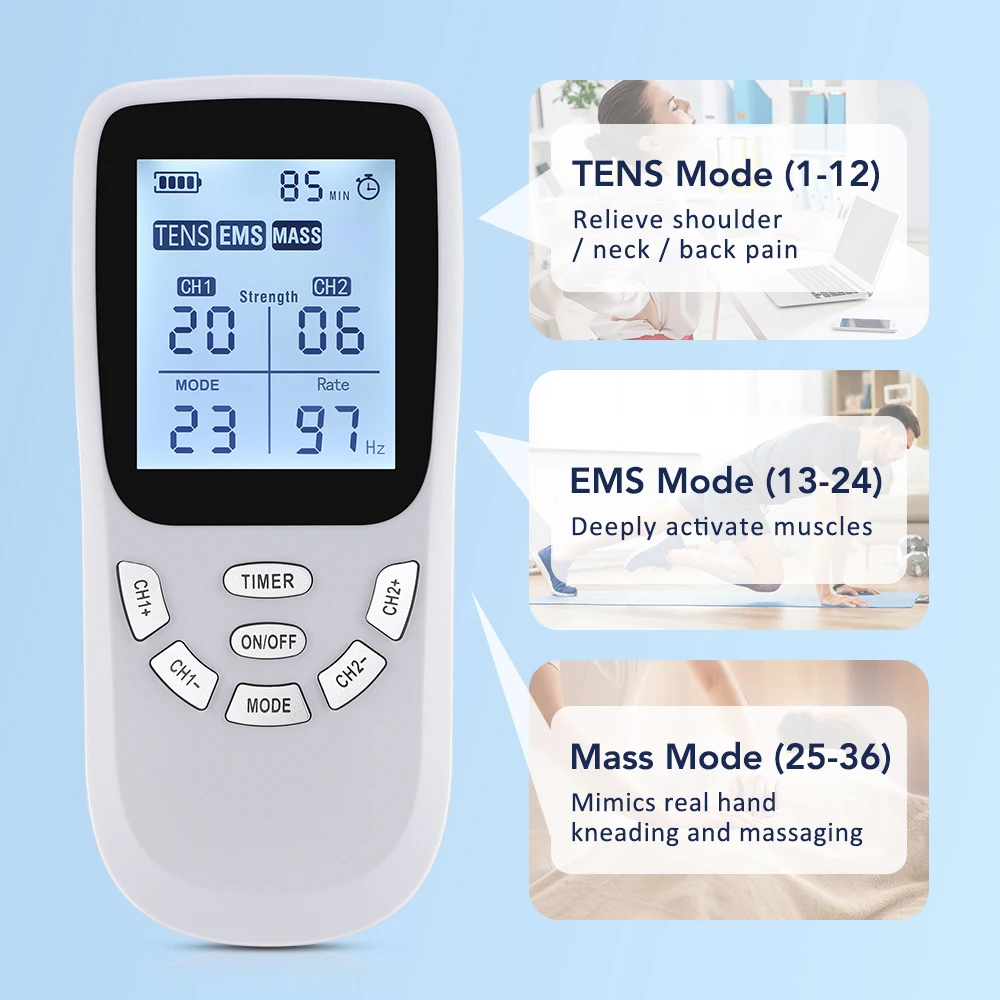 TENS EMS Electric Muscle Stimulator Rechargeable 36 Mode Digital Pluse Acupuncture Physiotherapy Machine Back Neck Body Massager