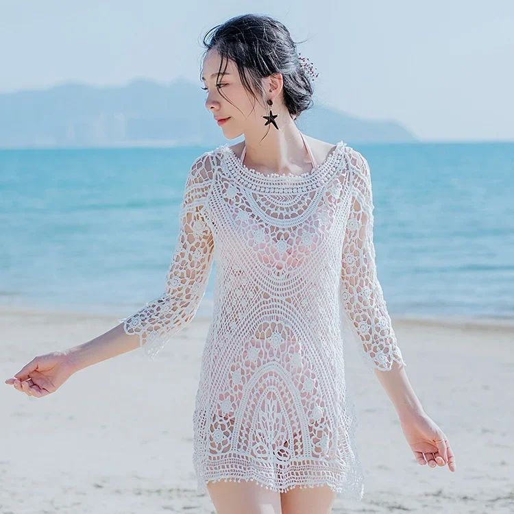여성용 우아한 긴 소매 오픈 백 비키니 커버 업, 얇은 자외선 차단 의류, 해변 휴가 수영에 이상적