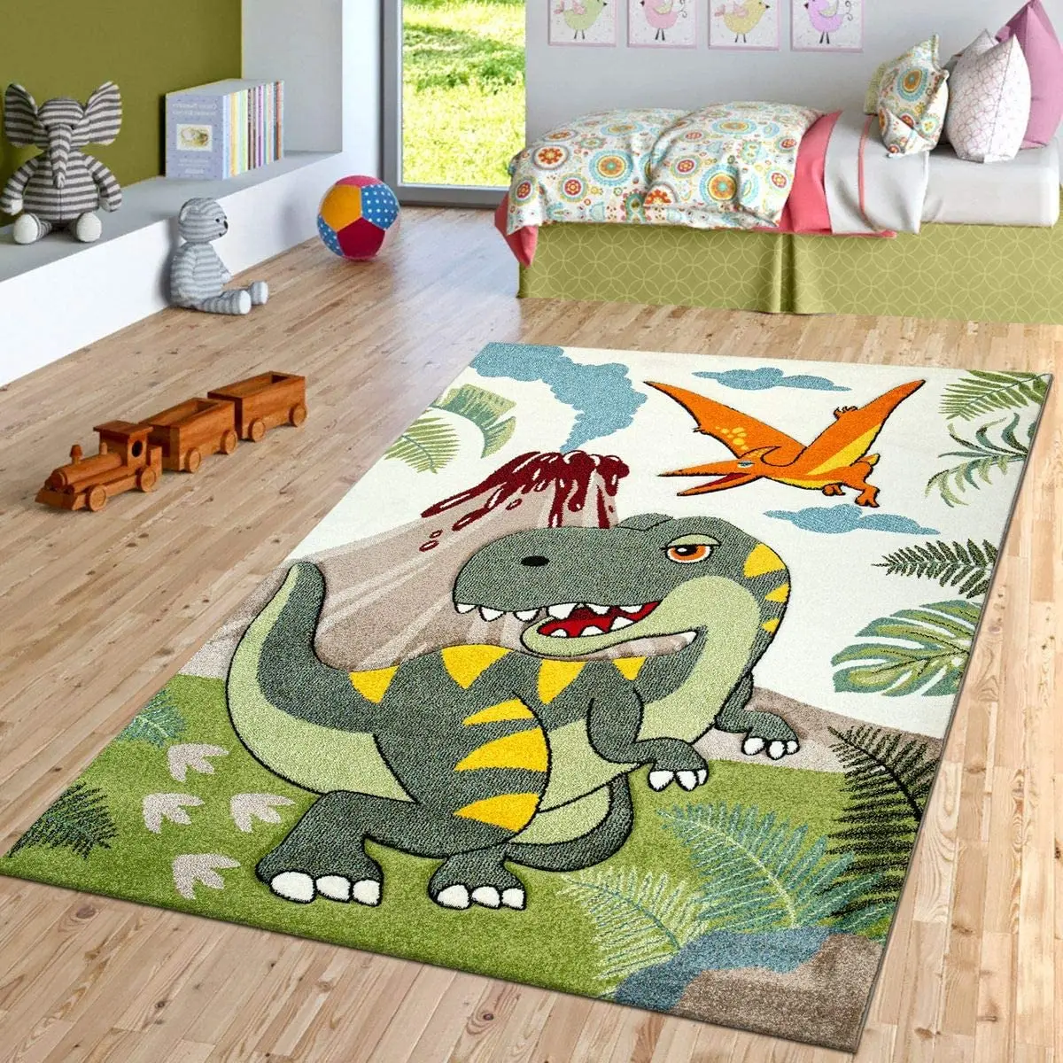 Children's Carpet Cartoon Dinosaur Jungle Green Soft Non Slip Indoor Carpet Small and Medium Size Rugs