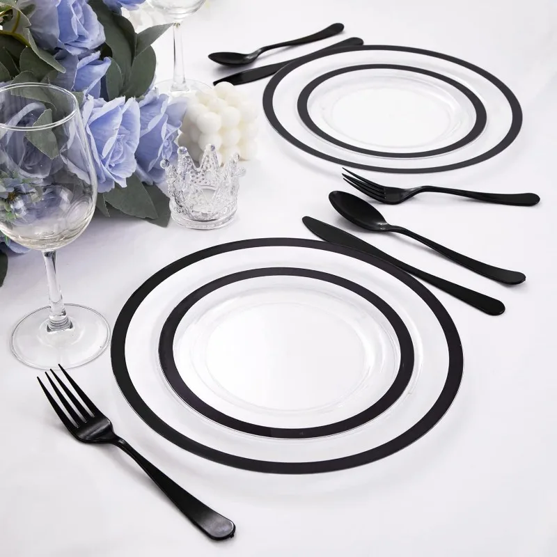 120pcs Clear and Black Plastic Plates Black Plates Disposable Including 60 Dinner 10.25'' & 60 Dessert 7.5'' party tableware disposable food trays