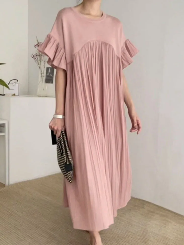 

Female's Beautiful Loose O Neck Patchwork Pleated Ruffle Edge Short Sleeves Long Dress Women 2024 Spring Summer X822
