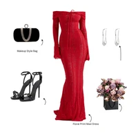Oligai Autumn Off-Shoulder Maxi Dress Elegant Lace Flare Sleeves Red Evening Party Dress Women's New Arrival 2025 Cocktail Dress - Image 6