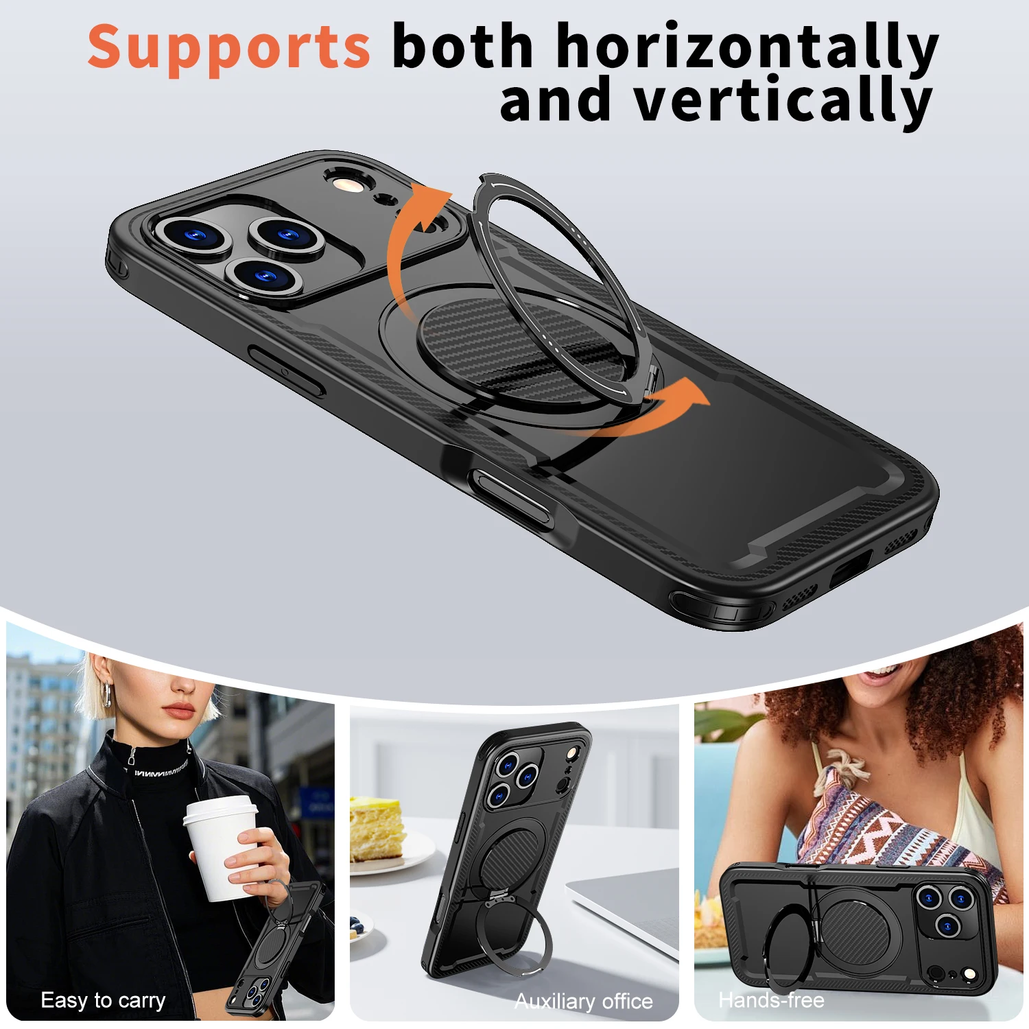 Magnetic Rotating Stand Shockproof Phone Case with TPU Frame and Metal Bracket