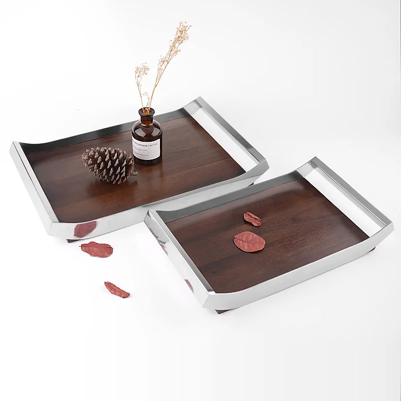 Mirror Stainless Steel Decorative Wooden Tray, Fruit Tray, Rectangular Metal Storage Tray with Handle, Desktop Storage Container 6