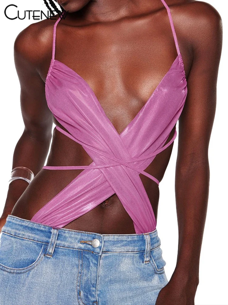 Body brillante para mujer, sexy, con vendaje cruzado, sin cintura ni espalda, ajustado, para mujer, atractivo, liso, para salir de noche o discoteca.