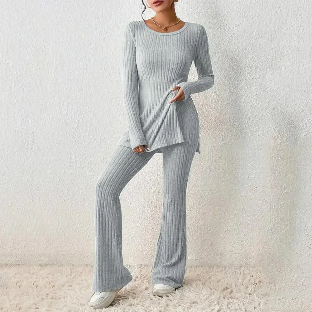 

Women Suit Set Stylish Women's Knitted Two-piece Suit with Long Sleeve Ribbed Slit Top High Waist Flared Trousers for Fall