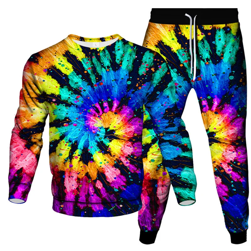 Colorful Tie Dye Vortex 3D Print Men's Sportswear Set New Long-Sleeved T Shirt Pants 2-Piece Set Oversized Pullover Men Clothing 5