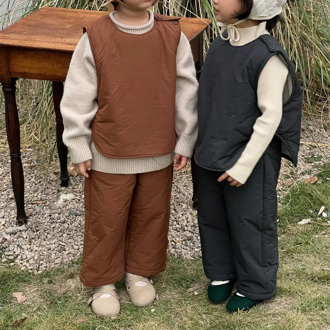 

Children Sets Korean Winter New Clothing Solid Color Cotton Vest Trousers Two Piece Korean Simple Warm Loose Active
