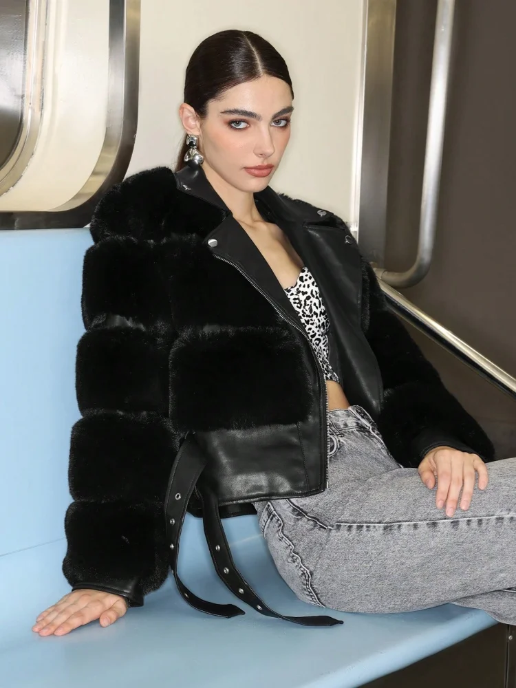 D&M 2024 Women Faux Fur PU leather Top Coat Autumn Winter