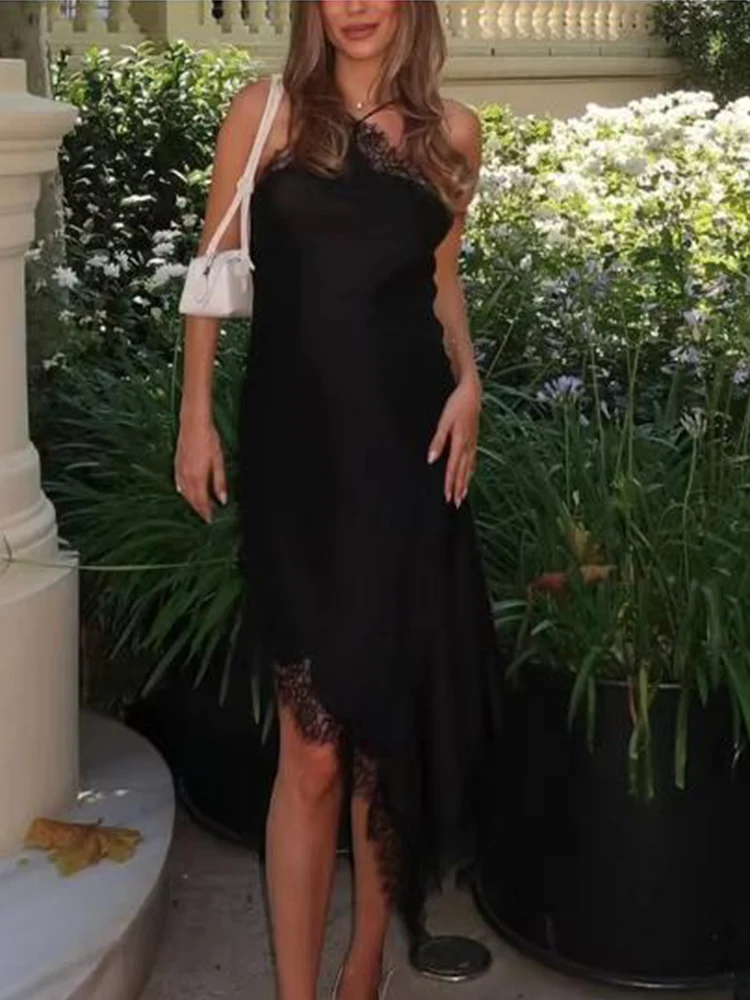 Women Sexy Lace Satin Halter Long Dress Asymmetric Hem Dress New 2025 Summer Fashion Holiday Party Beach Dresses