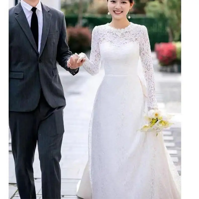 Soft Lace Wedding Dresses Classic O-neck Bridal Dress With Long Sleeve New Elegant A Line Simple Vestidos De Novia Customized 4