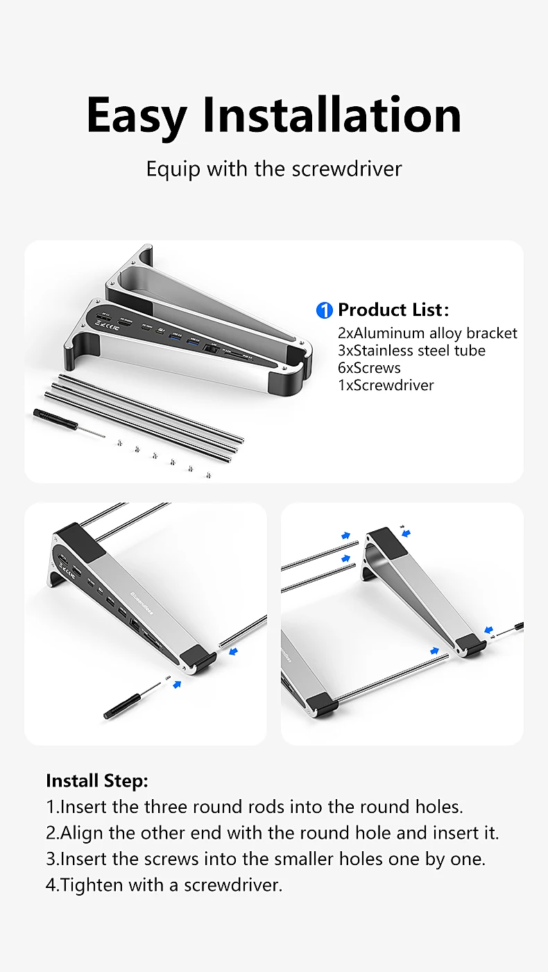 KEBIDUMEI Aluminum Laptop Stand With 7-in-1 HUB 4K 60Hz HD SD/TF Card Reader USB3.0 PD Charger RJ45 1000Mbps Docking Station