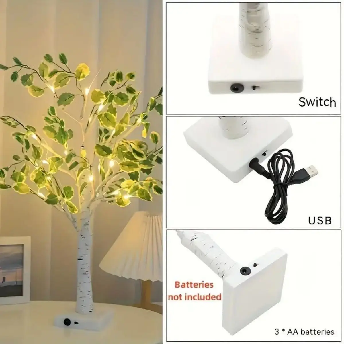 24 LED green leaf artificial birch light, battery operated decorative light for Christmas and holiday decoration 2
