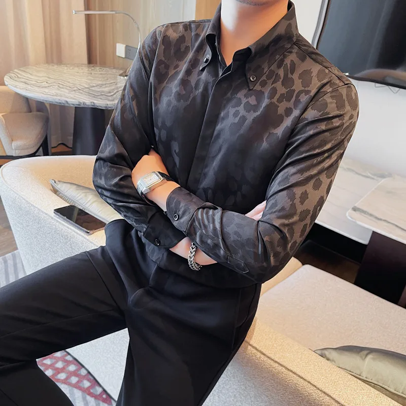 

4XL-M Men's High-end Luxury Leopard Print Long-sleeved Shirt Trendy New Men's Slim-fit Business Casual Shirt Dress Shirt for Men