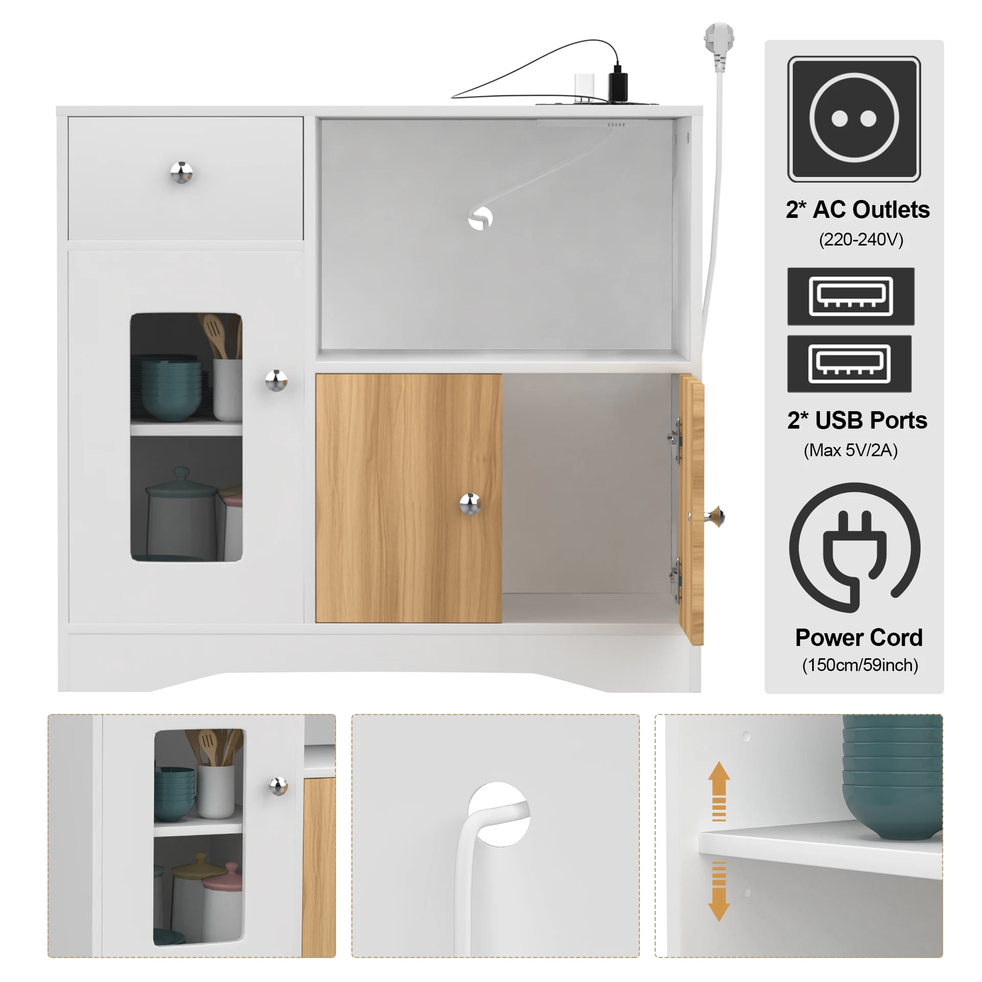 Mikrowellenschrank, Küchenschrank, Sideboard, mit Kabelmanagement, für Küche, Esszimmer, Wohnzimmer, 83×40×80 cm – Detail 1