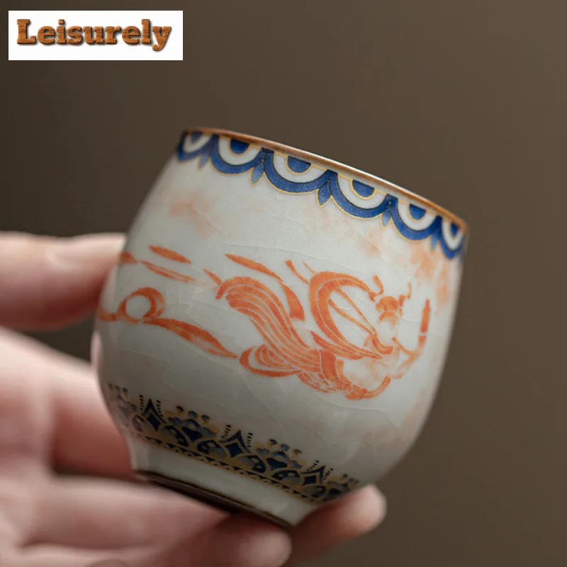 60ml Imitation Song Ru Kiln Porcelain Teacup Dunhuang Apsaras Pattern Master Cup Dargon Egg Cup Mugs Kung Fu Tea Set Gift Box