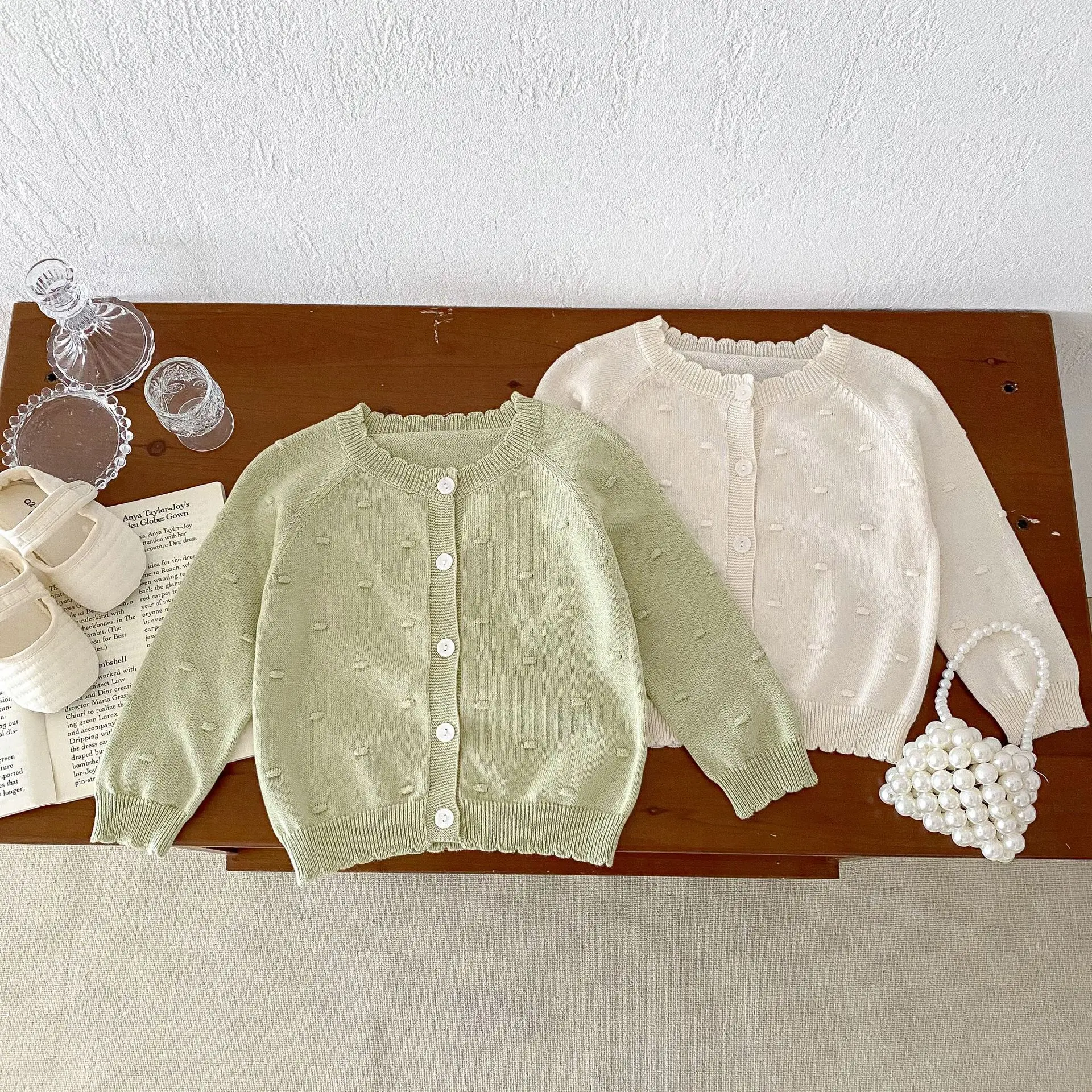 

Summer Baby Girls Sweet Knitted Clothing Infant Breathable Soft Hand Hook Tops Bubble Sleeve Ball Decor Cardigan Sunscreen Coats