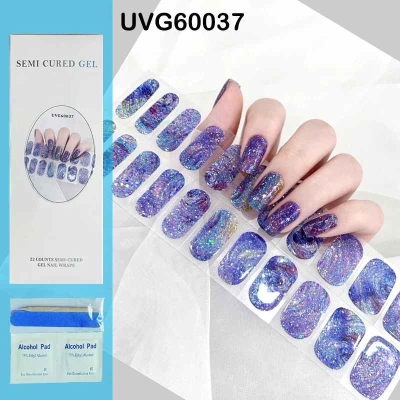 

22Tips Semi-Cured Gel Nail Strips Patch Sliders Adhesive Waterproof Long Lasting Full Gel Nail Stcikers UV Lamp Need Nail Art