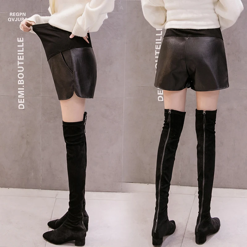 Cotton's Belly Patchwork PU Leather Shorts For Pregnant Women Fashionable Wide-legged Short Pants Maternity Side Split Trousers 4