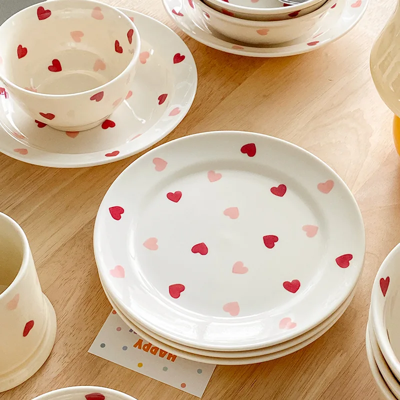 Heart-shaped Ceramic Dinnerware Set Dinner Plate Rice Salad Bowl Coffee Mug Japanese Love Warm Gift for Valentine day Ceramic Tableware Set