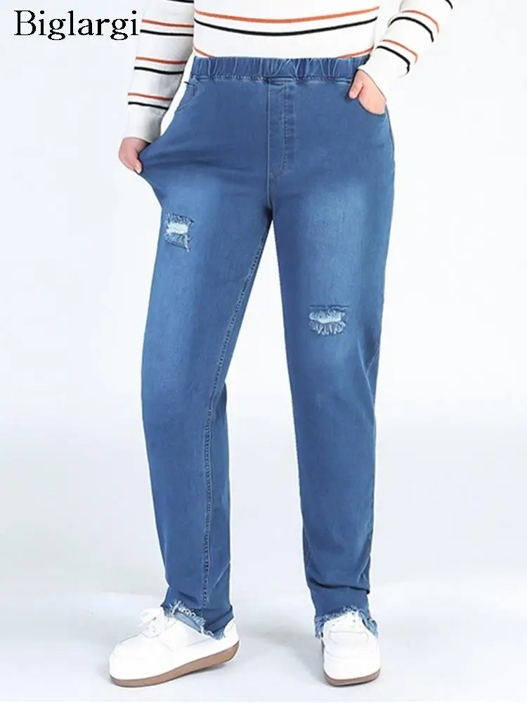 

Plus Size Elastic Denim Pants Women Autumn 2023 Modis High Waist Trausers Ladies Jeans Vintage Casual Slim Pencil Pants Femme