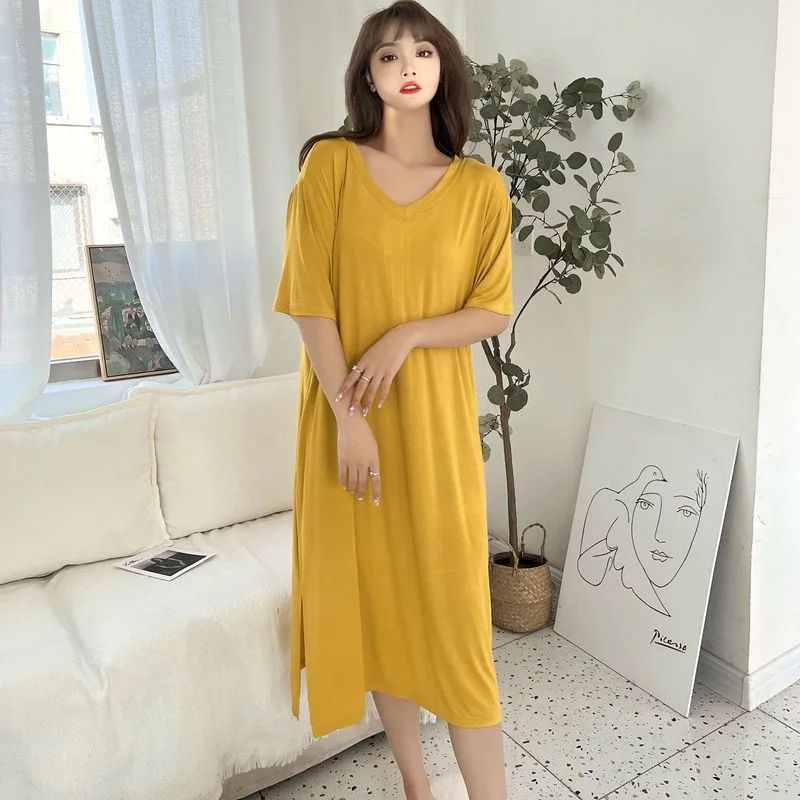 

Fdfklak Sexy Modal Lingerie Nightdress Women Casual Sleepwear Long Nightgown Nightie Short Sleeve Summer Loose Home Dress