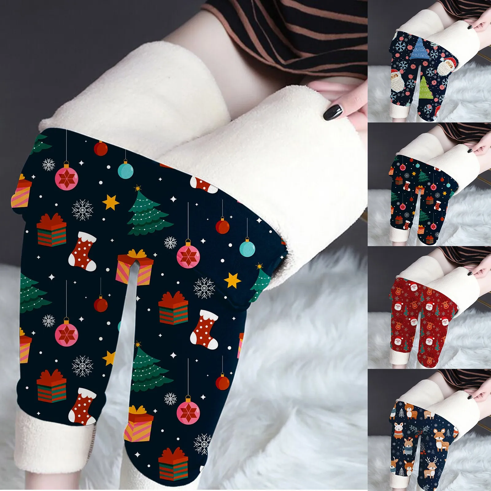 Новинка Осень-зима 2023 рождественские женские утепленные штаны с подкладкой модные рождественские эластичные леггинсы с высокой талией с принтом