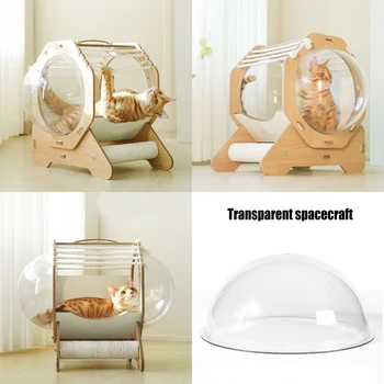 Cat Dog MDF Modern Pet Bed House Spaceship Space Capsule with Cushion Cat Bed with Acrylic Dome Wooden Cat Bed Capsule 3