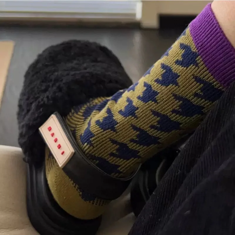 1 Paar Damen Vintage Geometrische Socken, Mittellange Socken, Doppelnadel-Doppelpfad-Design, Modische Baumwollsocken – Detail 17