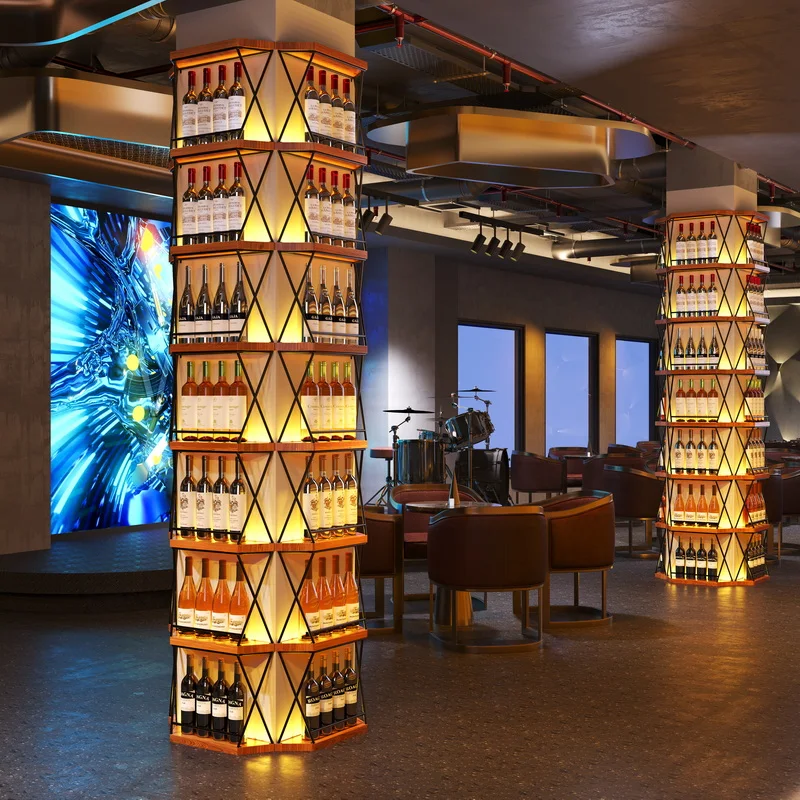

Internet famous bar and restaurant partition wall, column decoration, red wine rack, bar counter, solid wood luminous display