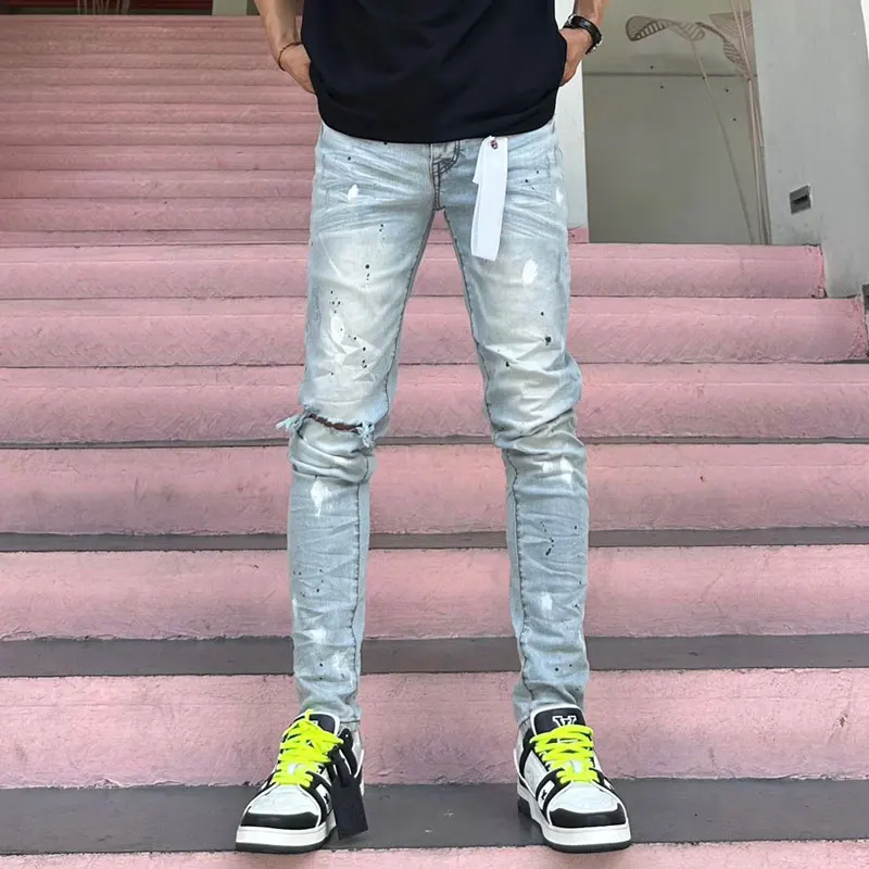 High Street Fashion Men's Jeans Vintage Light Blue Elastic Slim Fit and Perforated Pants Designer Hip Hop Brand Pants hombre