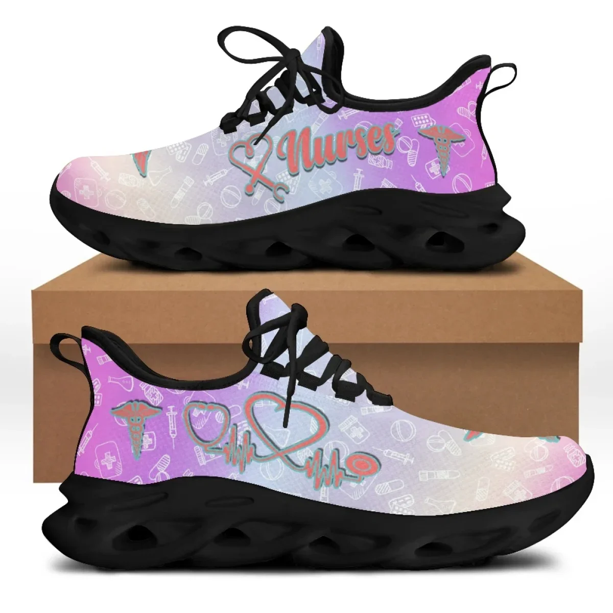 Pink Women Leisure Platform Shoes Cute Cartoon Nurse Pattern Lace Up Girls High Quality Mesh Shoes Zapator De Mujer
