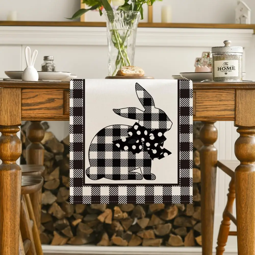 Spring Easter Rabbit Carrots Buffalo Plaid Linen Table Runner Washable Farmhouse Kitchen Dining Table Runner Easter Decorations 2