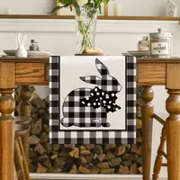 Spring Easter Rabbit Carrots Buffalo Plaid Linen Table Runner Washable Farmhouse Kitchen Dining Table Runner Easter Decorations 2