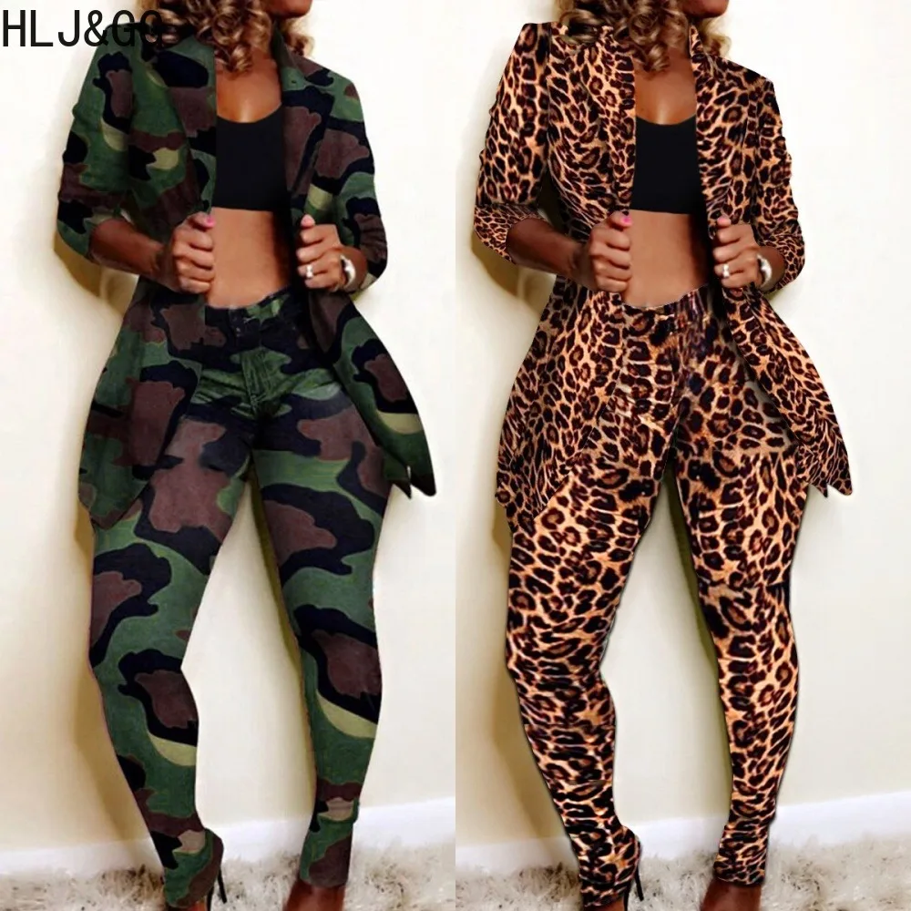 new in coats HLJ&GG Casual Print Skinny Pants Two Piece Sets Women Turndown Collar Long Sleeve Blazer Coats + Pants Tracksuits Female Outfits