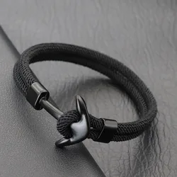 Handcrafted Men's Nautical Anchor Bracelet with Premium 4mm Rope - Available in Various Colors and Sizes - S 18.5cm 7.3Inch (Black)