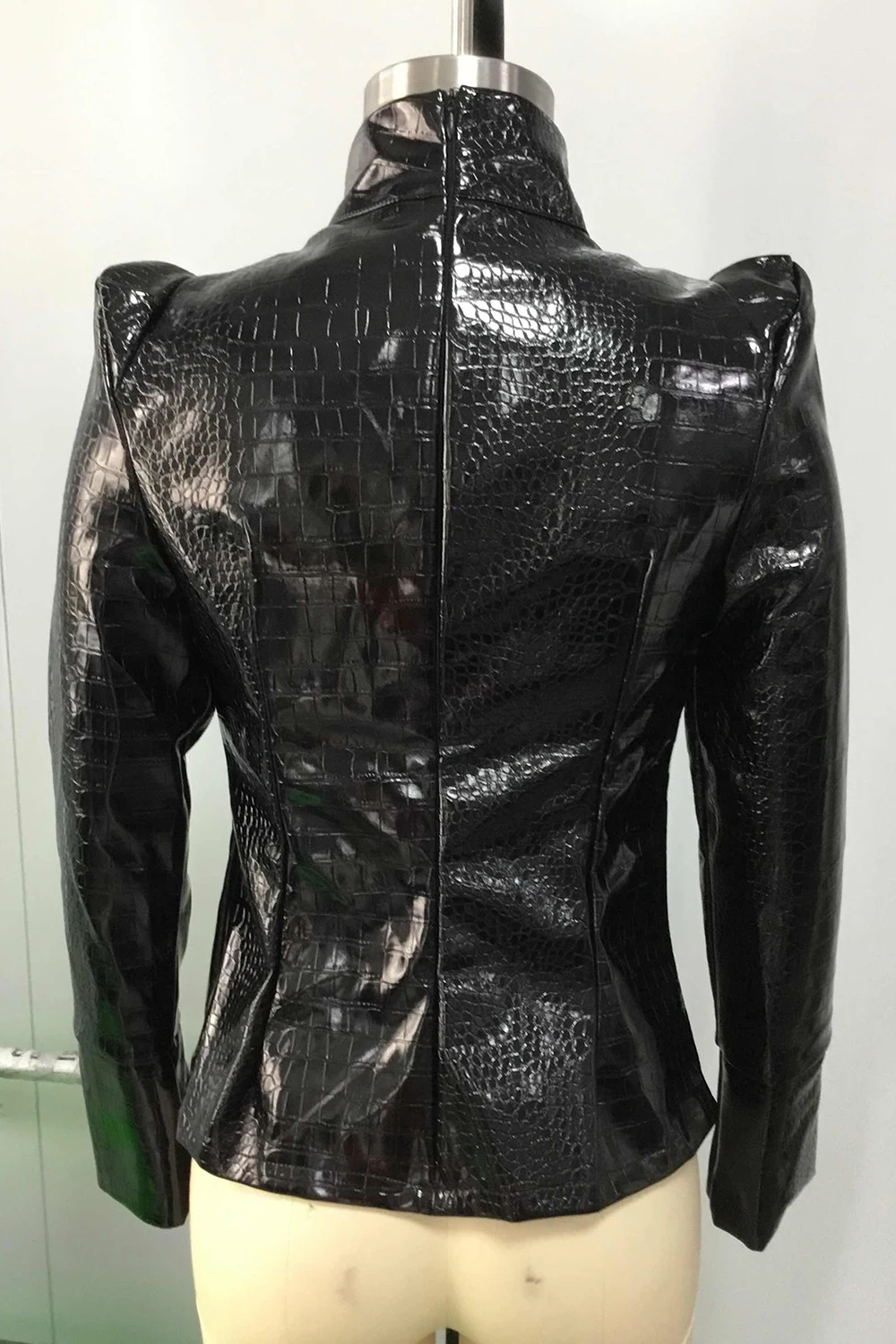 PU Faux Crocodile Leather T shirt for Women Stand Collar