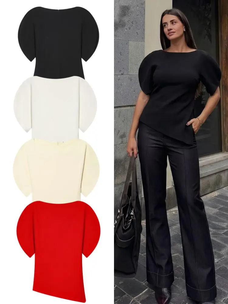 HH Spring Summer Women Casual Asymmetrical T-Shirts Fashion Solid Female O-Neck Short Puff Sleeve Blouse Lady Office Chic Tops