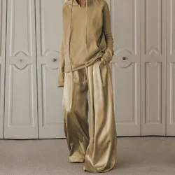 Onecozyday 2023 Spring Women's Daily Casual Suit Long Sleeve Drawstring Hoodie Top and High Waisted Wide Leg Pants Two Piece Set