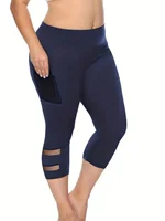 Plus Size Casual Leggings, Women's Plus Plain High Rise Contrast Mesh Capri Leggings - Image 4